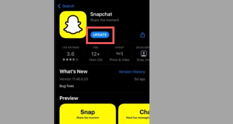 Tap “Update” on the Snapchat App Interface.