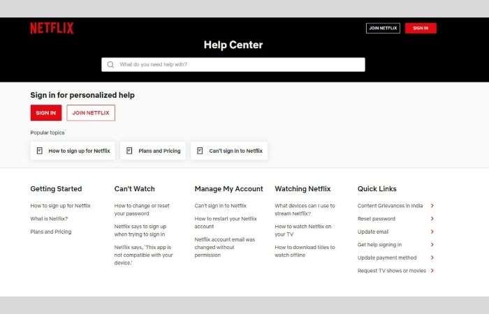 Netflix Help Center Page